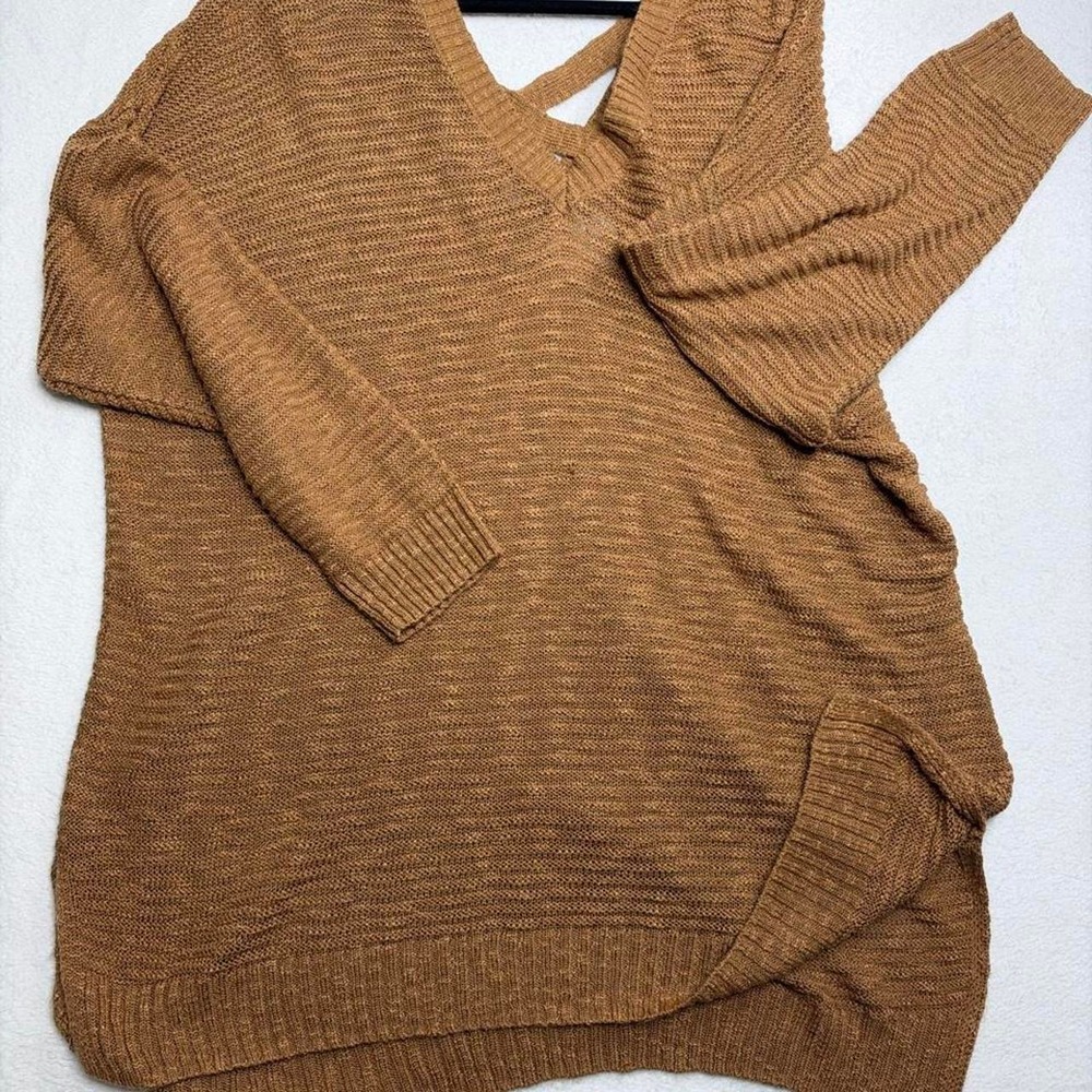 Pink Rose Women's 3X Brown Ribbed Knit Sweater with Cross-Back Detail